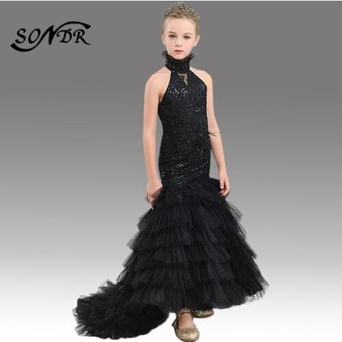 Black Ruched Kids Party Dress HT092 Halter Sleeveless Flower Girl Dresses 2020 Shiny Sequined Mermaid Princess Girls Ball Gowns