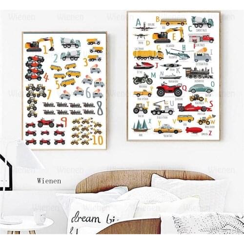Toy Cars Alphabet Posters Number Letter Learning Wall Art Print Boy Car Poster Nursery Painting Picture Boy Kids Room Decor