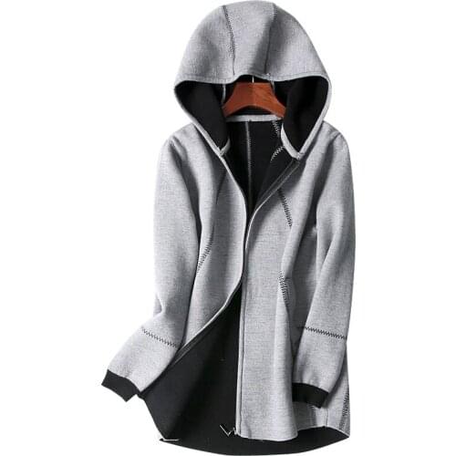Cashmere wool blend thick knit women hooded zip-up sweatshirts coat double face color mid-long M-L