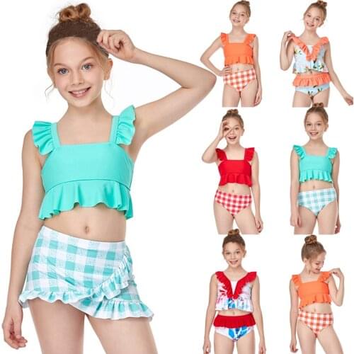 2-12 Years Girl Swimsuit Kids Ruffle Two Piece Childrens Swimwear High waist Girl Bikini Set Girls Bathing Suit 2021