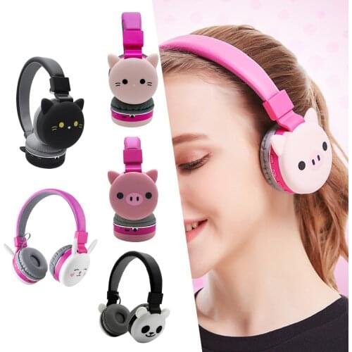 Cartoon Wireless Headphones Foldable Earphone w/Mic Support TF card Plug-in Cable for School/Tablet/PC