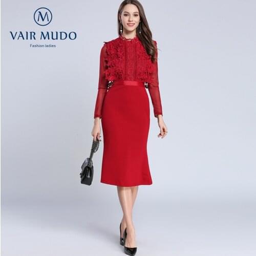 New Ladies Dress Women Temperament Long-Sleeved Water-Soluble Lace Stitching Fishtail Dress Elegant Sexy Red Part Dress Y-182