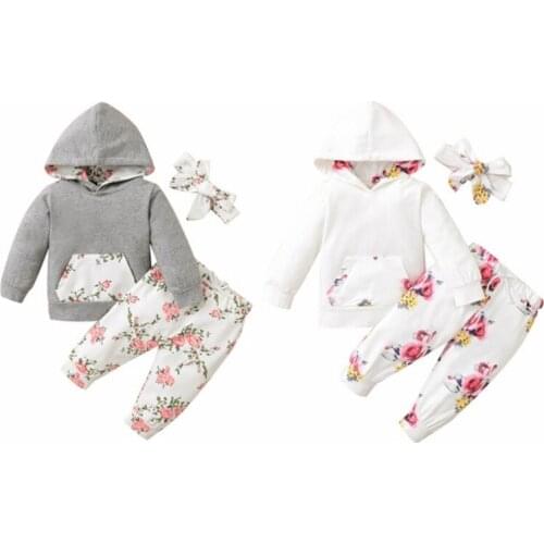 Autumn Baby Girl Long Sleeve Flower Print Hoodie Sweatshirt Tops+Pants+Headband Casual Costume Set
