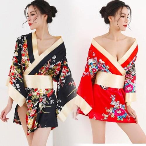 Black sexy Japanese kimono dress cherry blossom role-playing game uniform temptation suit woman bathrobe geisha costume