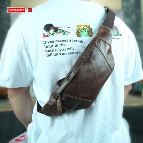 First Layer Cowhide Retro Casual Mens Mobile Phone Waist Pack Sports Chest Bag Leather Running Outdoors Shoulder Messenger Bags