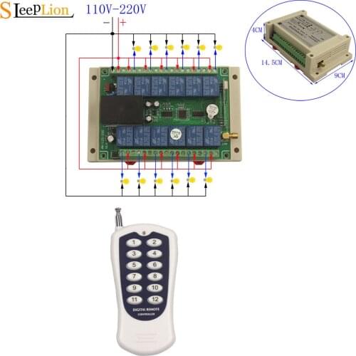 Slepplion 110V 220V 12CH Relay Switch 100M Wireless Control Receiver ON OFF Module Board Universal 110v-220v Voltage 433/315MHz