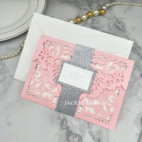 Luxury Pink Laser Cut Wedding Invitation with Silver Glitter Belt and Tag and Envelope, Customized Printing Quinceanear Invites