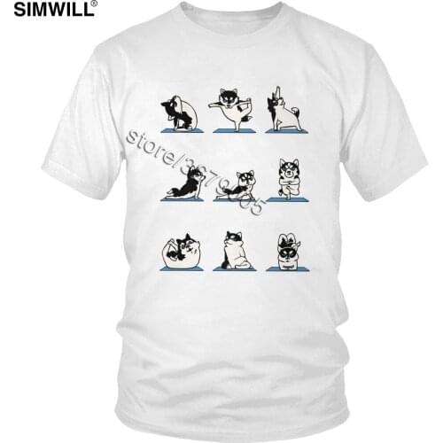 Funny Siberian Husky Yoga Positions T Shirts Mens Animals Printed Cotton Tee Short Sleeves Meditation Dog Lover T-Shirt Gift