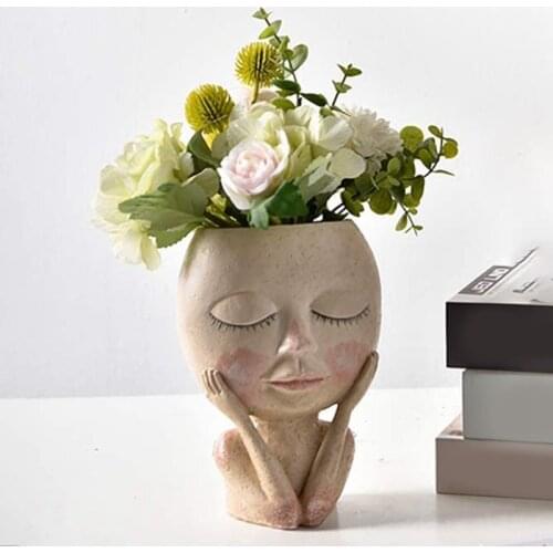 Human Face Vase Decoration Doll Resin Flowerpot Figure Sculpture Crafts Storage Container Flower Arrangement Container