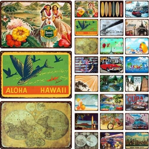 Iron Sheet Decor Painting Summer at Beach & City Bar Pub Metal Tin Sign Retro Poster Bar Cafe Home Decor Wall Art Iron Plate