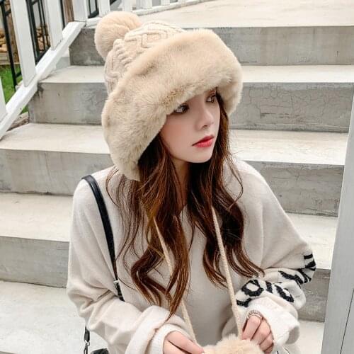 Women Winter Mink Knit Bomber Beanie Hat Thick Female Fluffy Pompom Outdoor Wool Warm Windproof Earflap Trapper Snow Ski Caps