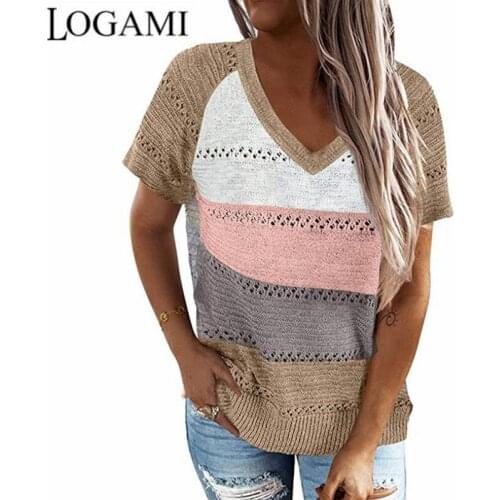 LOGAMI Short Sleeve Pullover Women V Neck Block Patchwork Knitted Jumper Woman Summer Hollow Out Tops