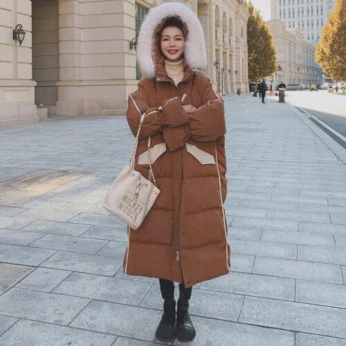 Womens Cotton Coat Winter 2021 New Horn Buckle Hooded Big Fur Collar Thicken Long Sleeve Hit Color Korean Loose Fashion Jacket6