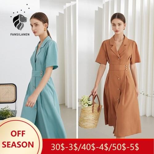 FANSILANEN Office Lady French Dress High Waist Suit Skirt Female Summer 2021 New Orange Blue Suit Collar High Waist Dress