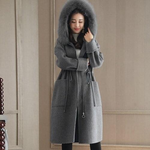 2021 Fashion Hooded Solid Women Long Woolen Coats Slim Zippers Female Clothing Pockets Fur Collar Blue Cashmere Clothes Jackets