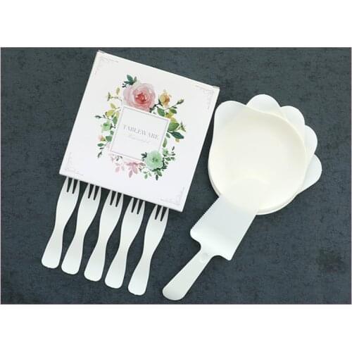 4 Colors Optional Disposable Birthday Cake Tableware Sets Fork Knife Dish Plate Fine Gift Box Party Supplies W8785