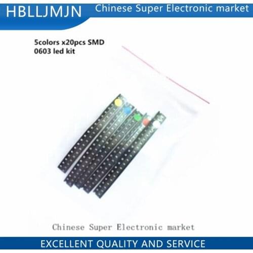 5 colors x20pcs =100pcs SMD 0603 led kit Red/Green/Blue/Yellow/White LED Light Diode