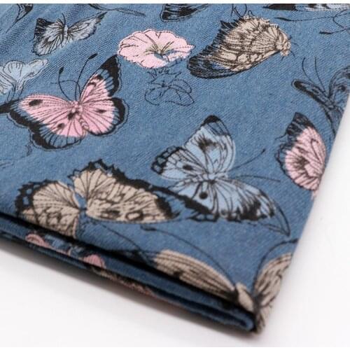 2020New Denim Butterfly Print Lace Fabric Handmade DIY Clothes Accessories Width 140cm 1Yard