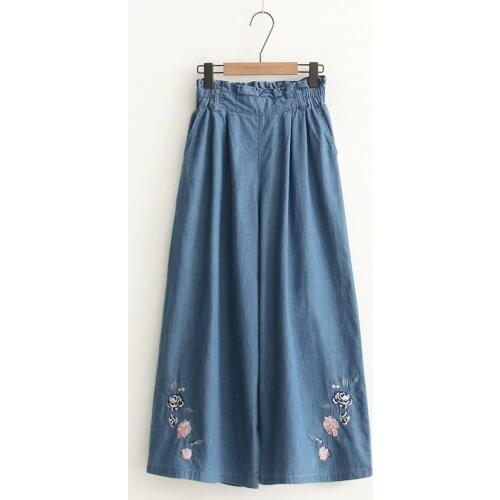 Denim Pants Women 2019 Thin Wide Leg Pants Embroidery Elastic Waist Loose Jeans High Waist Women Vintage Jean Femme 2019 FF2199