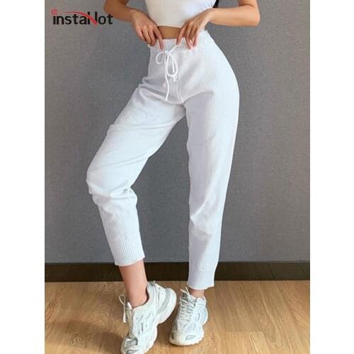InstaHot Fuzzy Soft Pant Women Trouser Elastic Drawstring Solid White Black High Waist Winter Casual 2020 Elegant Leisure Pants