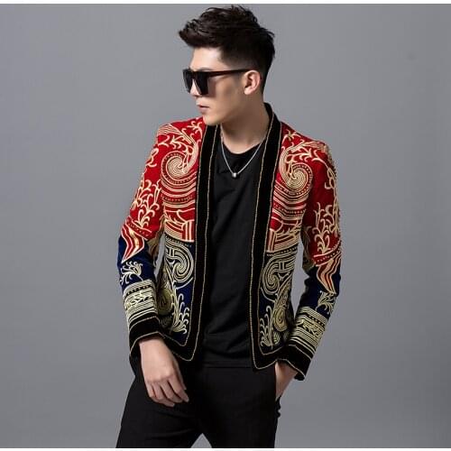 Heavy Wormnanship Embroider And Beads Stage Costumes For Singer DJ Party Club Outfit Luxury Baroque Color Block Blazer Men