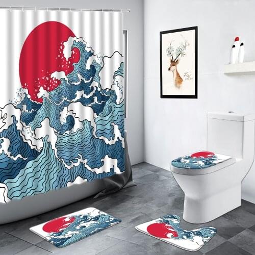 Red Sun Sea Wave Shower Curtain Retro Ukiyo-e Art Scenery Ethnic Style Bathroom Decor Door Mat Non-slip Rug Toilet Bath Mats Set