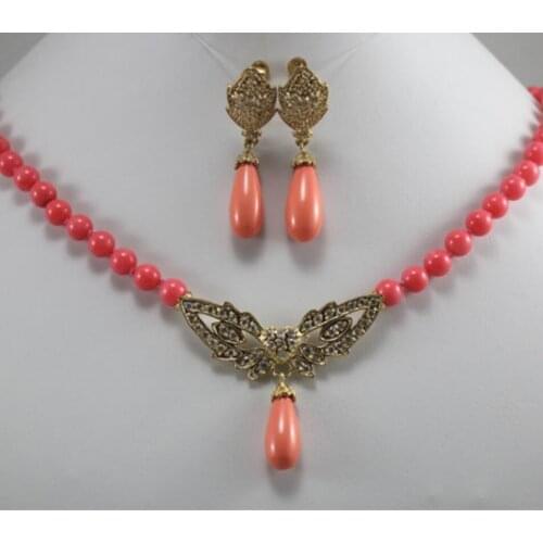 Fashionable metal plated butterfly heart accessories 8mm Pink Coral Necklace + Water Drop Pendant + Earring Set