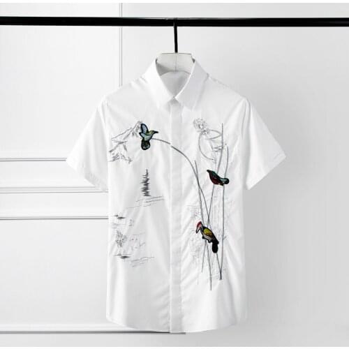 England Style Mens Shirts Plus Size 4xl Luxury Flower And Bird Embroidery Short Sleeve Mens Dress Shirts Slim Solid Man Shirts