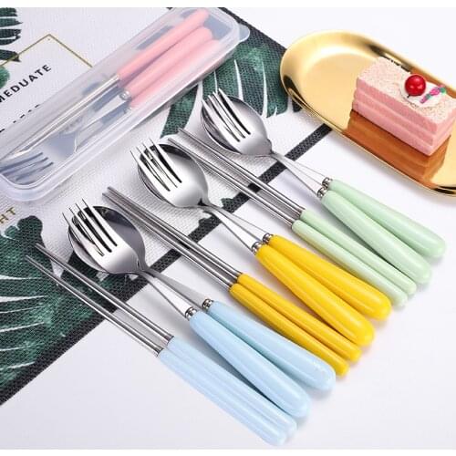 Stainless steel tableware set ceramic handle spoon Fork chopsticks three-piece set portable gift box cutlery set