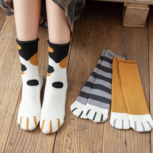 Socks autumn and winter female roll side cotton terry socks pregnant women loose mouth cat claws cartoon thick warm socks