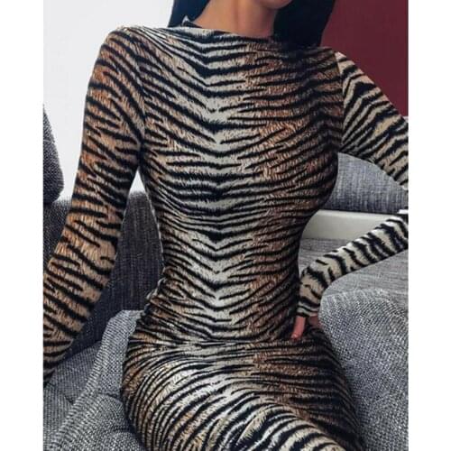 2019 Newest Hot Woman Sexy Slim Fit Long Sleeve Turtleneck Dress Ladies Tiger Skin Printed Party Bodycon Clubwear Dresses