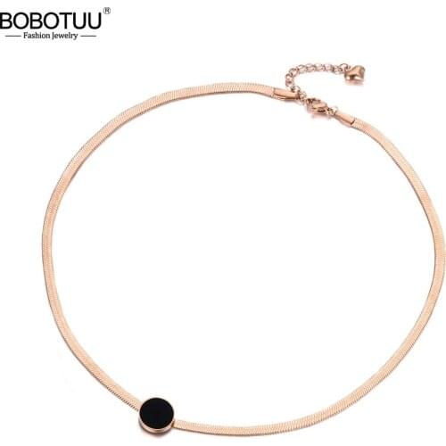 BOBOTUU New Arrival Sample Jewelry Stainless Steel Snake Chain Thin Necklace Rose Gold Color With Black Bbsidian Disc BN18066