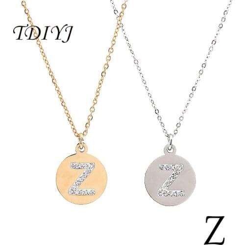 TDIYJ 2Pcs New Arrival Women Stainless Steel Gold Initial Necklace, Z Letter Round Pendant Necklace with Crystals