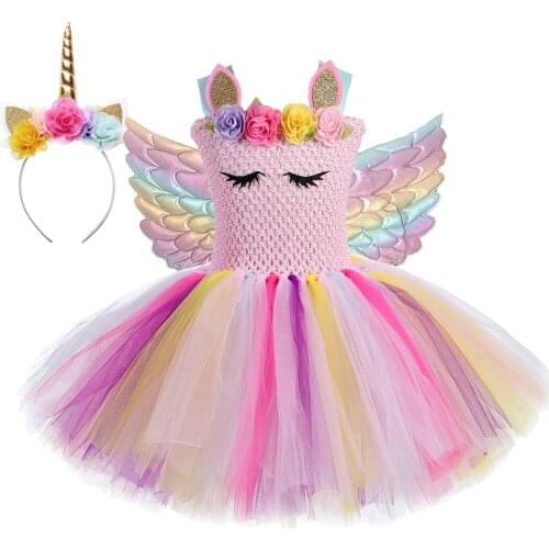 Flower Girl Unicorn Dress with Wings Horns Christmas Halloween Costumes for Kids Girl Unicorn Birthday Tutu Dresses Outfit Gift