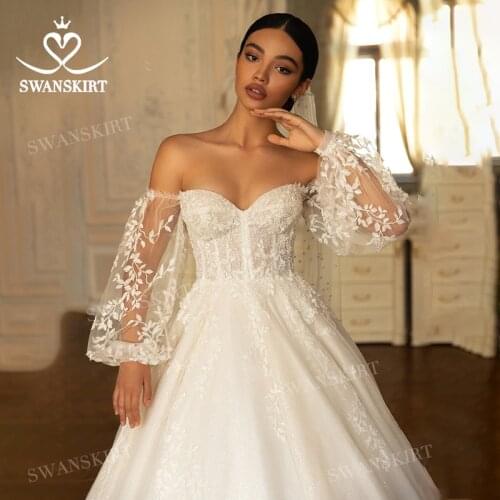 Beach Long Sleeve Wedding Dress 2021 New Vintage Appliqued A-Line Vestido De Novia Princess SwanSarah W130 Plus Size Bridal Gown