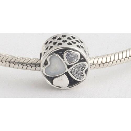 Authentic S925 Silver Bead Charm Vintage Openwork Love Heart With Crystal Clover Bead fit Lady Bracelet Bangle DIY Jewelry