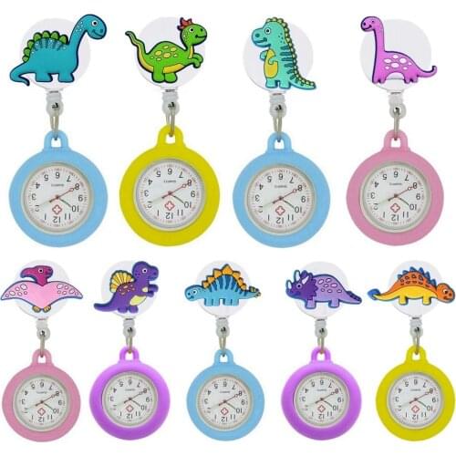 Lovely Cartoon Dinosaur Series Retractable Badge Reel FOB Pocket Watches for Hospital Medical Nurse Doctor Hang Clock Gift Watch