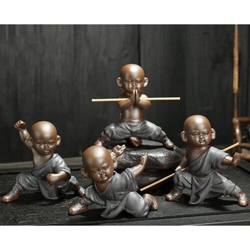 Kung fu Monks Figurine Ceramic Little Buddha Statue Tea Pet Desk Shelf Decor Collectible Art for Home Tabletop Decor Ornament