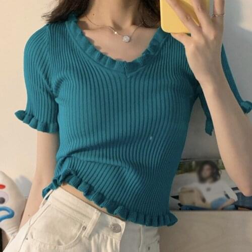 DAXIN Korean Style Knit Short V-neck Comfortable T-shirt Stringy Selvedge Simple Casual Womens Tops