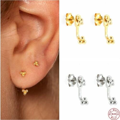 Aide 925 Sterling Silver Three Beads Ball Stud Earrings For Women Tiny Front Back Earrings Ear Jacket Clips Pendiente Jewelry