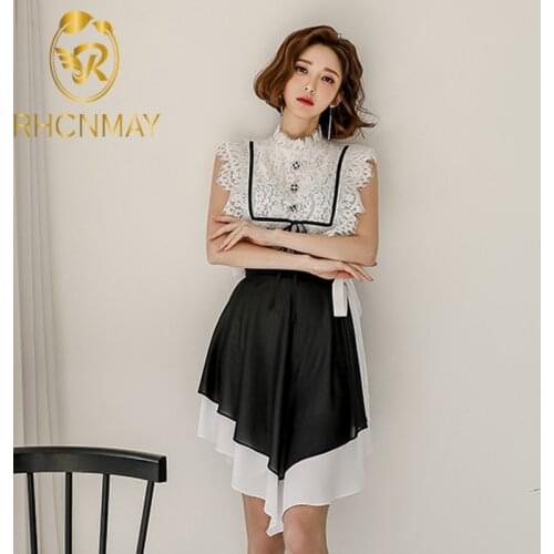 Women Summer Work Wear 2 Pieces Set Sleeveless Lace Crop Top + Lace-up Irregular Tulle Skirt Casual Occupation Sets
