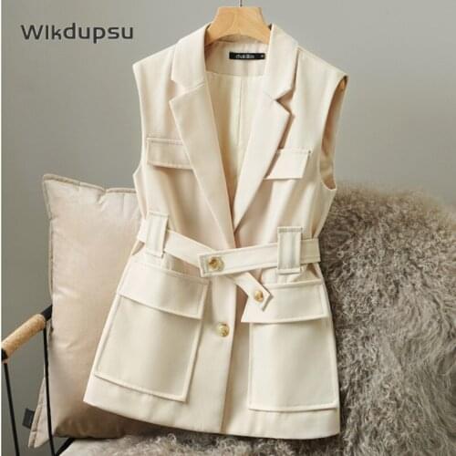 2021 New Trendy Spring Autumn Khaki Black Belted Vest Women Korean Elegant Casual Colete Femme Sleeveless Coat Waistcoat Top