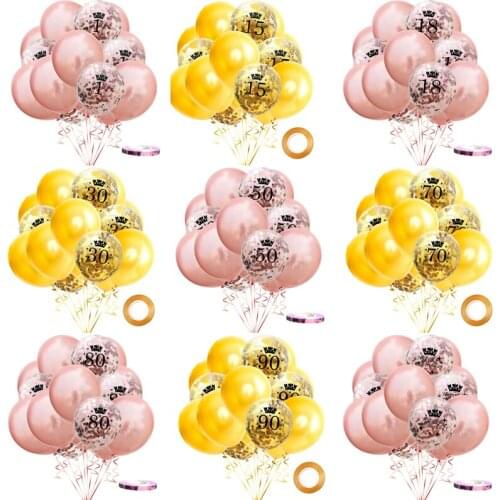 15pcs Rose Gold 1/13/15/16/18/21/30/40/50/60/70/80/90 Happy Birthday Latex Foil Confetti Balloon Set DIY Birthday Party Decor
