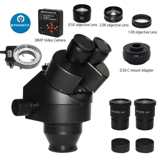2021 3.5X-90X Simul-Focal Trinocular Microscope Zoom Stereo Microscopio Head +0.5x 2.0x Auxiliary Lens+38MP VGA camera LED Light