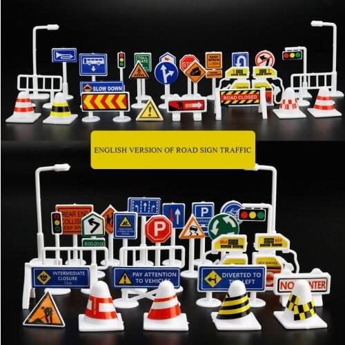 28 Pcs English Version Parking Lot Road Sign Toy DIY Model Mini Playmat Traffic Signs Road Accessories Light Block Car Toy Kids