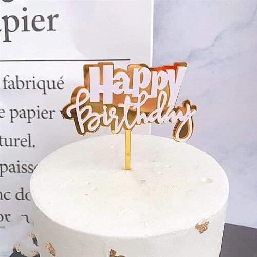 INS Acrylic Happy Birthday Cake Topper Gold Black Novelty Cupcake Topper For Baby Shower Kids Birthday Party Cake Decorations
