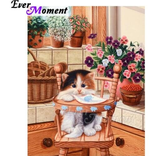 Ever Moment Diamond Painting Cat on Chair Flower 5D DIY Full Square Drill Mosaic Diamond Embroidery Wall Decoration ASF1901