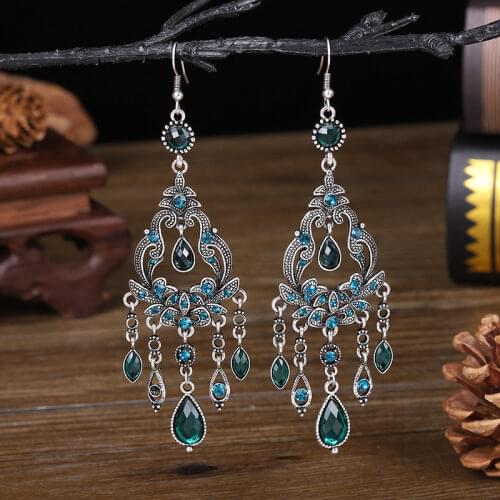 Women Blue Crystal Tassel Boho Earrings Vintage Ethnic Long Rhinestone Hollow Dangle Earrings Female Christmas Party Jewelry