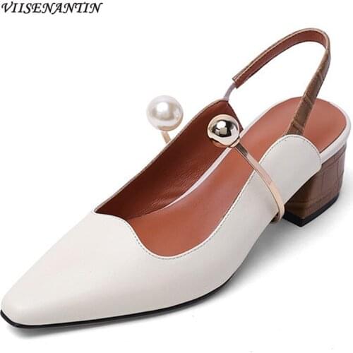 Elegant Back Strap Ladies Retro French Pearl Sandals Genuine Leather Fairy Thick High Heel Crystal Buckle Designer Shoes Girls