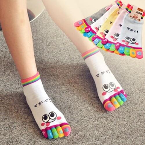 EUR34-37 Hot Sale Children Girl Smile Face Cute Funny Five Fingers Trainer Rainbow Color Toe Ankle Little Socks